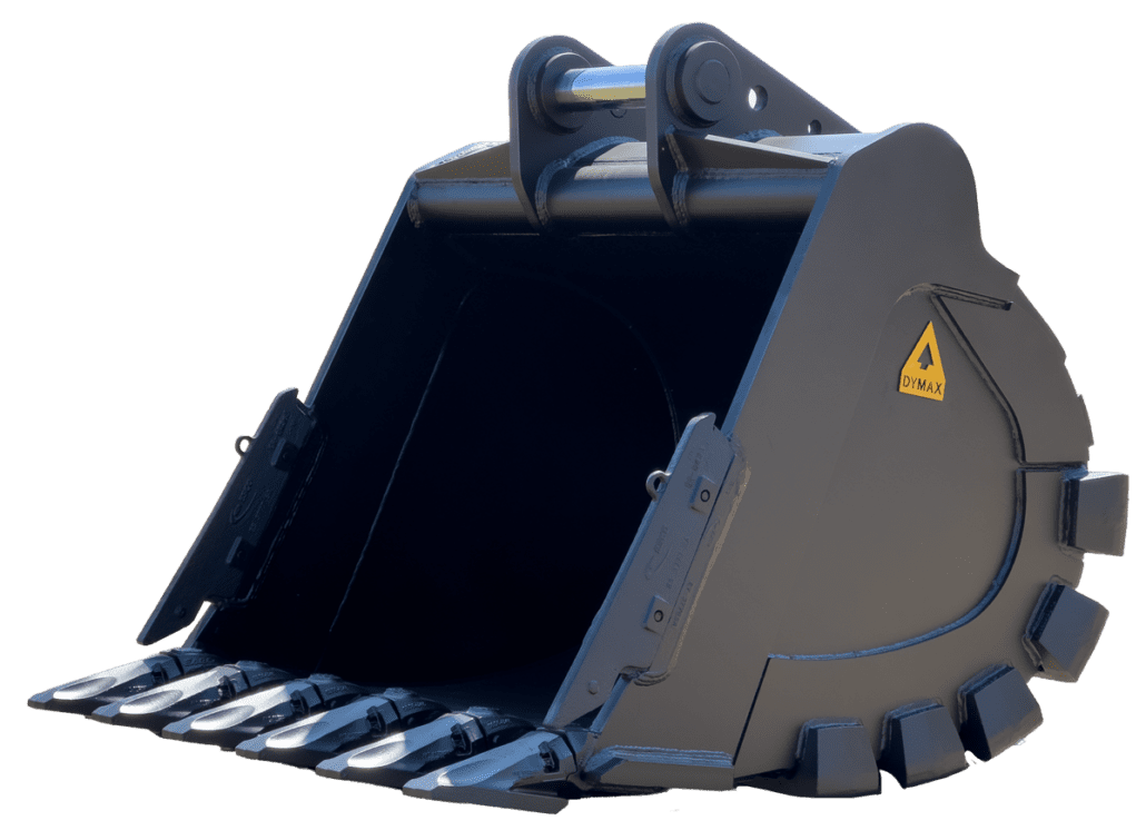 Dymax rock and mass excavation bucket with heavy-duty cutting edge and wear protection