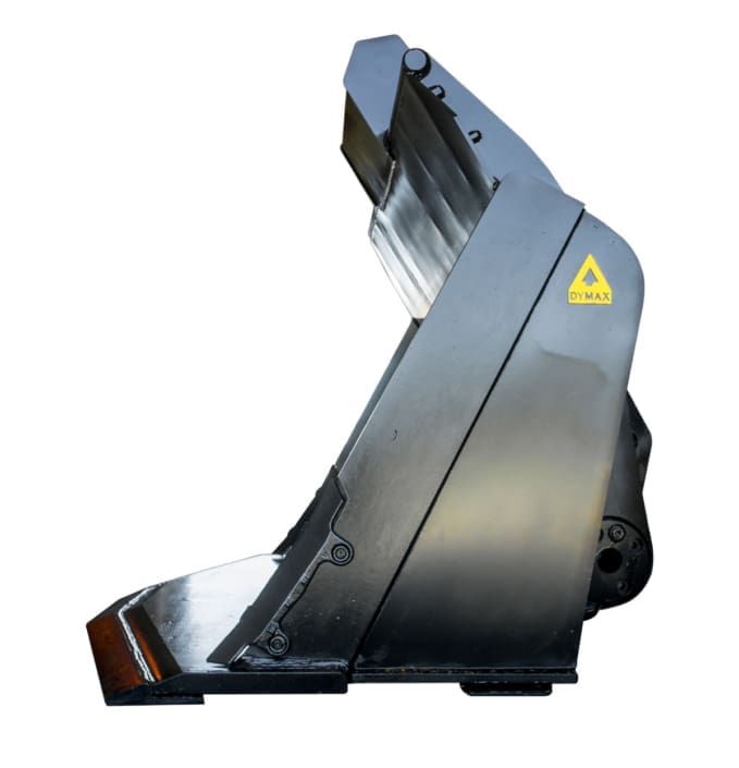 ide profile of Dymax quarry rock bucket showing spade nose and angled sides for reaching under slabs and blocks