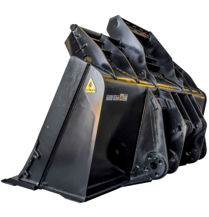 Rear three-quarter view of Dymax quarry rock bucket built for controlled handling of cut stone blocks