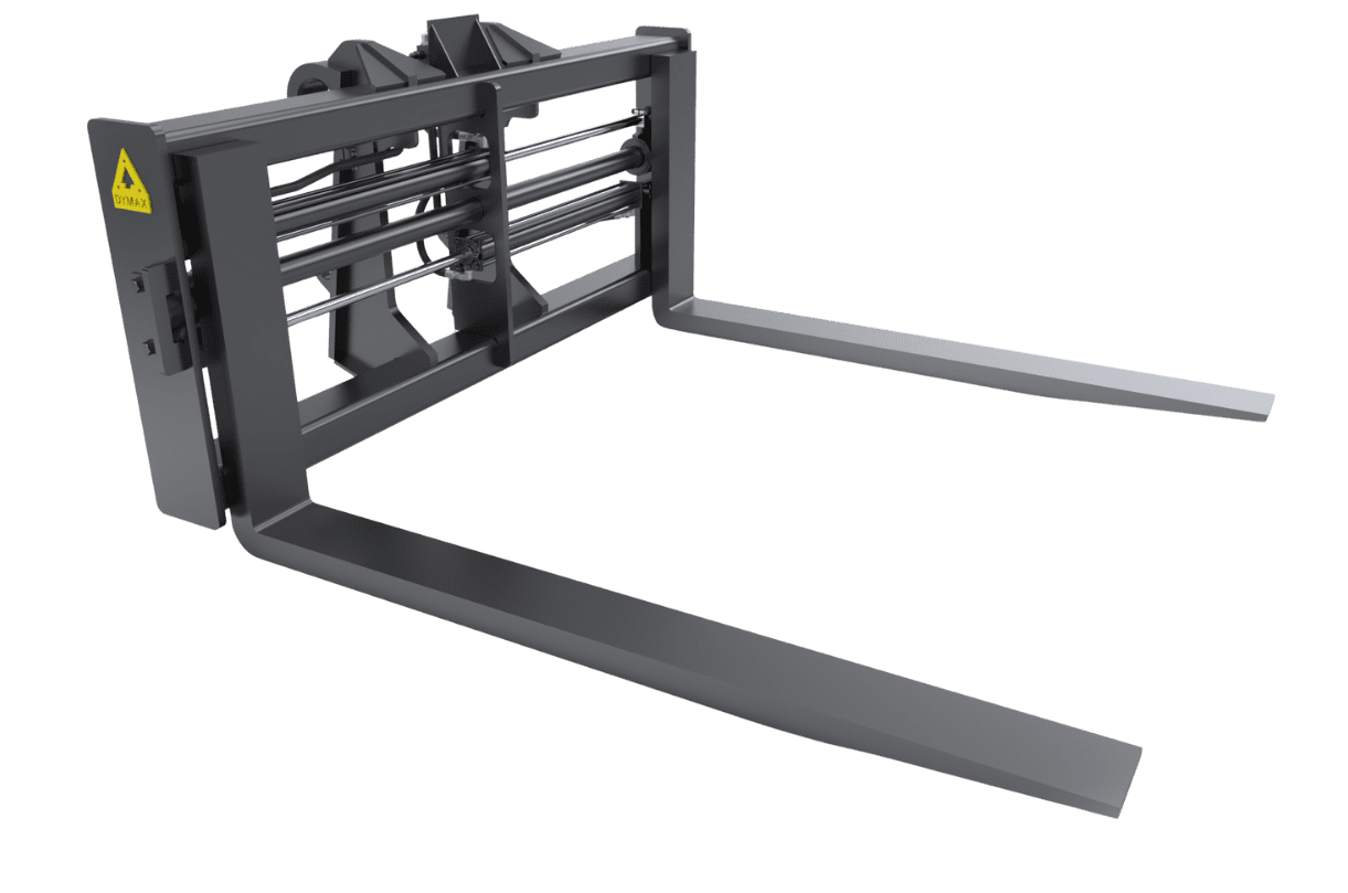 Dymax hydraulic adjustable tine pallet forks (standard model) for wheel loaders and telehandlers, showing fork carriage and tines.