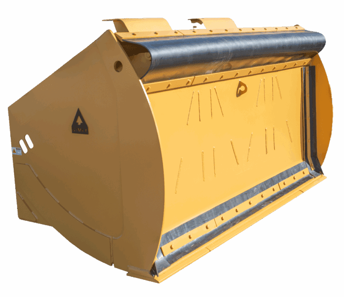 Dymax push out bucket showing hydraulic push gate for controlled material discharge