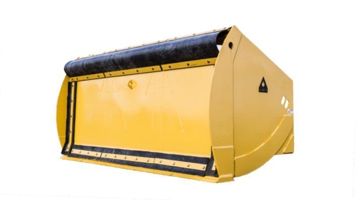 Dymax ejector bucket with hydraulic pushout ram for controlled feed unloading