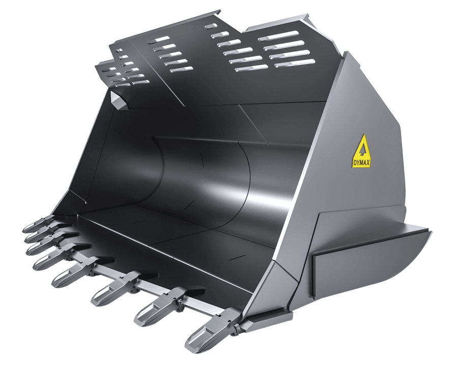 Dymax spade nose quarry rock bucket with tire rock guard and replaceable teeth