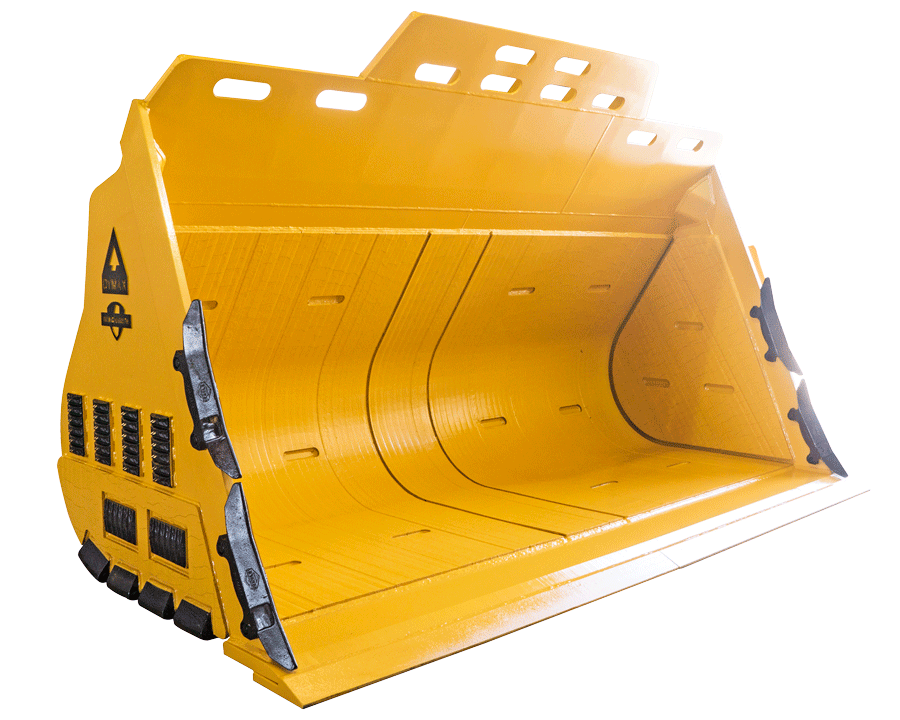 Dymax rock bucket with replaceable side shrouds, side wear bars, and white iron wear blocks