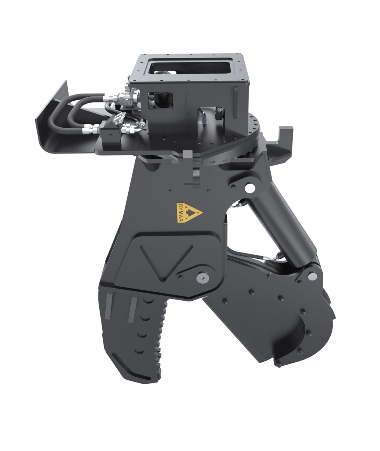 Dymax rotating limb tree shear attachment with 180° hydraulic rotation (8–24 in cutting)