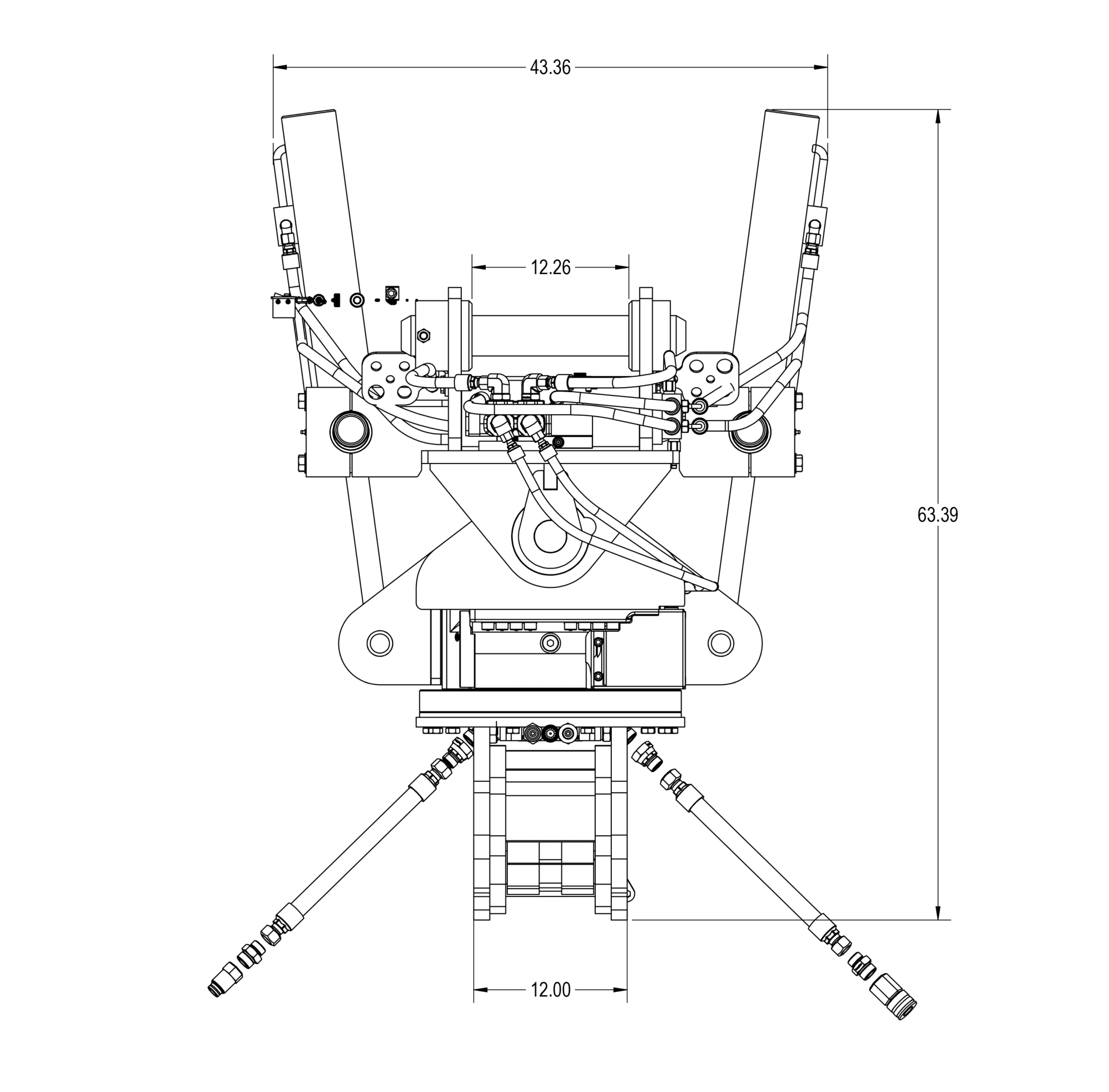 Rear technical view of Dymax Tiltrotator Coupler showing hydraulic ports and tilt cylinders