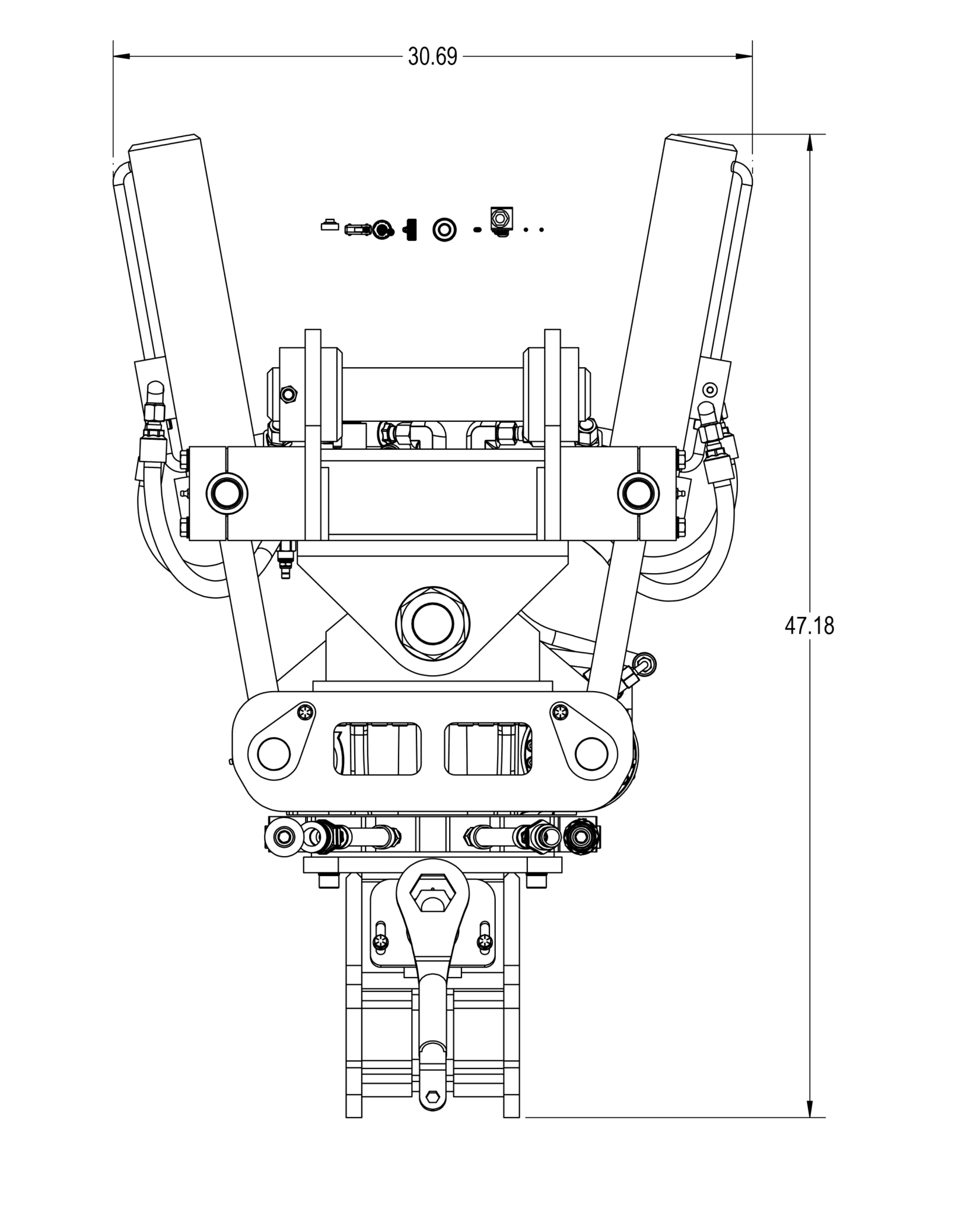 Technical drawing of Dymax Tiltrotator Coupler with 80-degree tilt and hydraulic layout