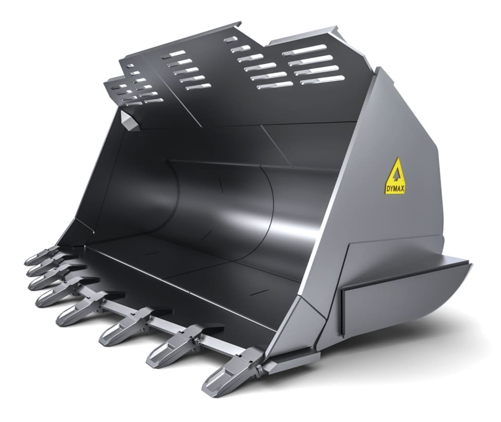 Black spade nose quarry rock bucket on white background