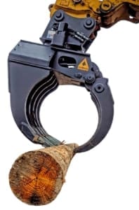Dymax IronClaw excavator claw gripping timber with 180° power-link clamp