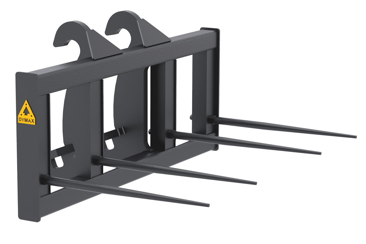 Dymax four spear hay bale spear attachment for wheel loaders for moving round or rectangular bales