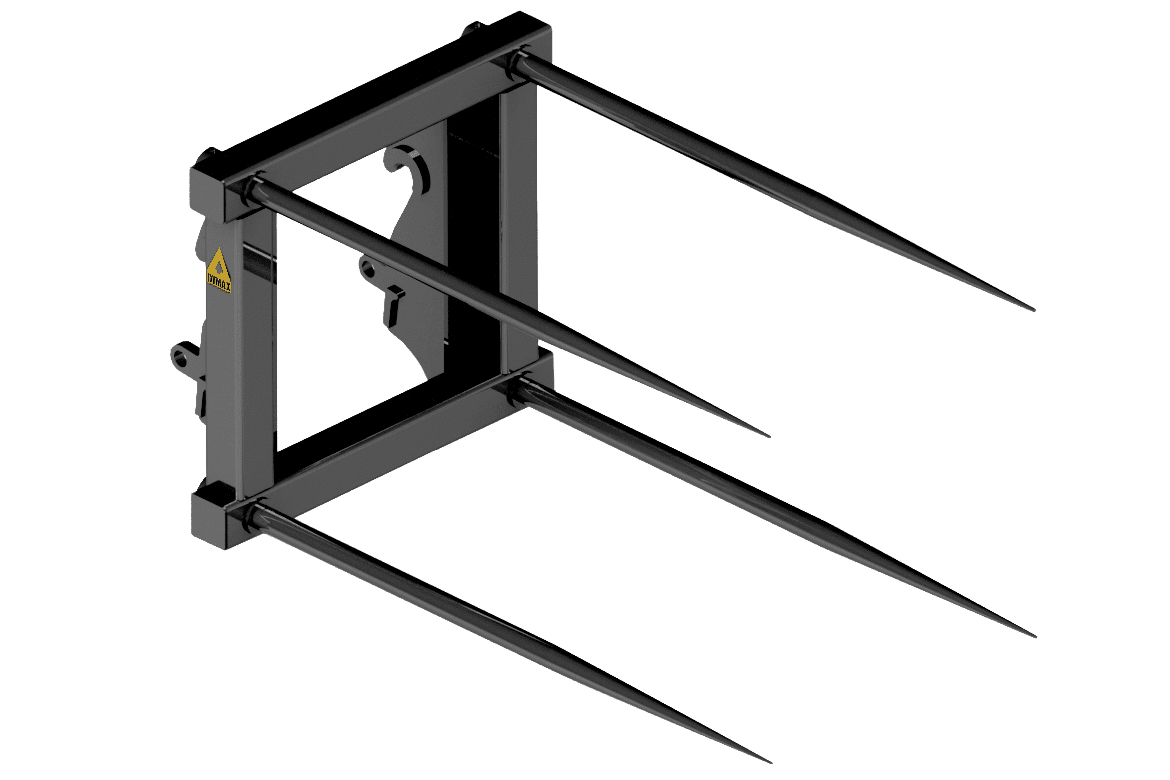 Dymax cotton bale spear attachment for wheel loaders for handling cotton bales in agricultural operations