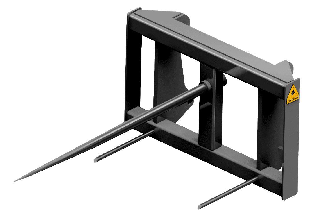 Dymax single hay bale spear attachment for wheel loaders, designed for handling large round hay bales
