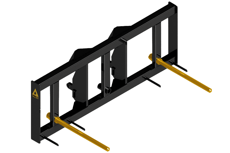 Dymax double hay bale spear for wheel loaders with twin spears for handling large round hay bales