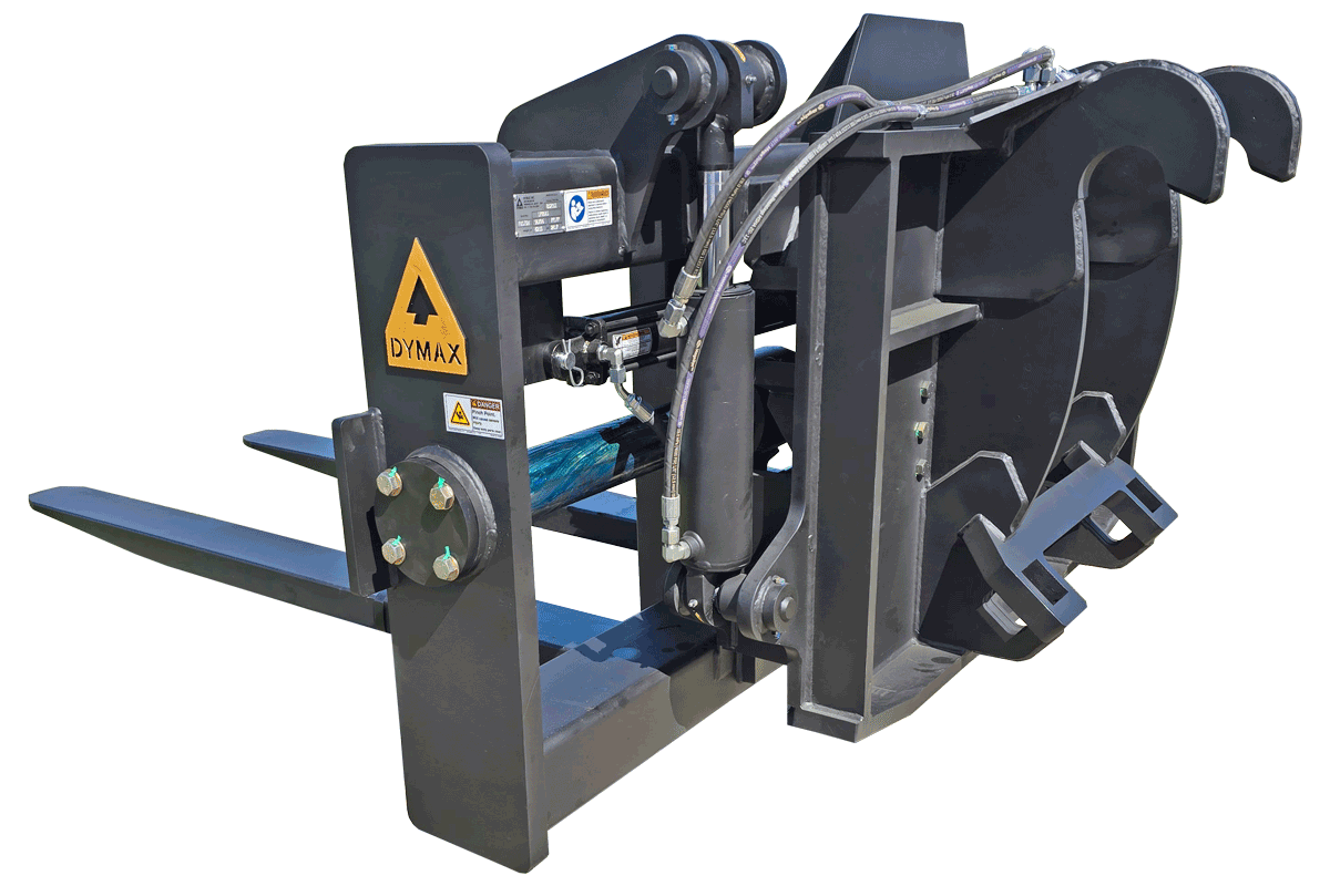 Tilting carriage pallet fork attachment with hydraulic adjustable tines for wheel loader material handling.