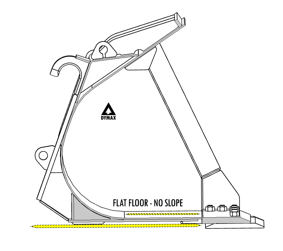 Diagram of a flat floor general purpose loader bucket for smaller wheel loaders and everyday material handling