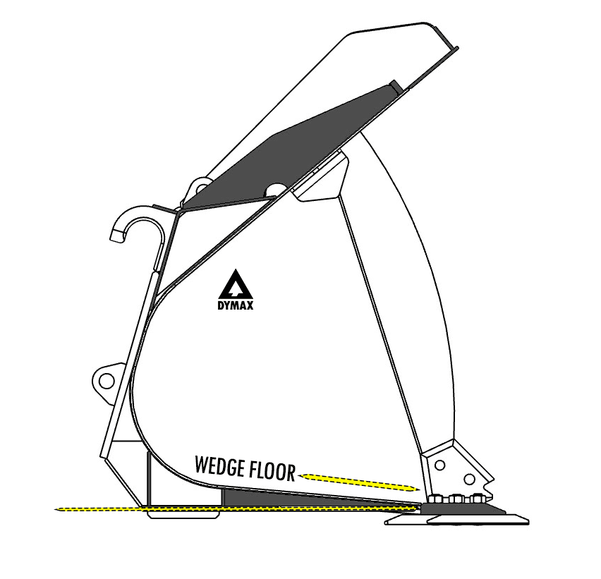 Diagram of a wedge floor general purpose loader bucket for larger wheel loaders and higher breakout force applications